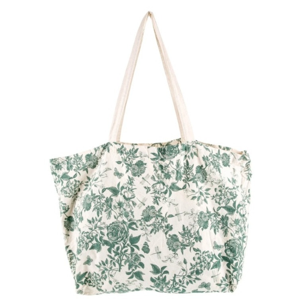 Sezane Women's Green White Floral Print Canvas Tote Bag Reusable Shopping Chic - Picture 7 of 7